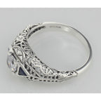 Back view of Art Deco Style Cubic Zirconia Filigree Ring w/ Sapphire showing 925 sterling silver hallmark