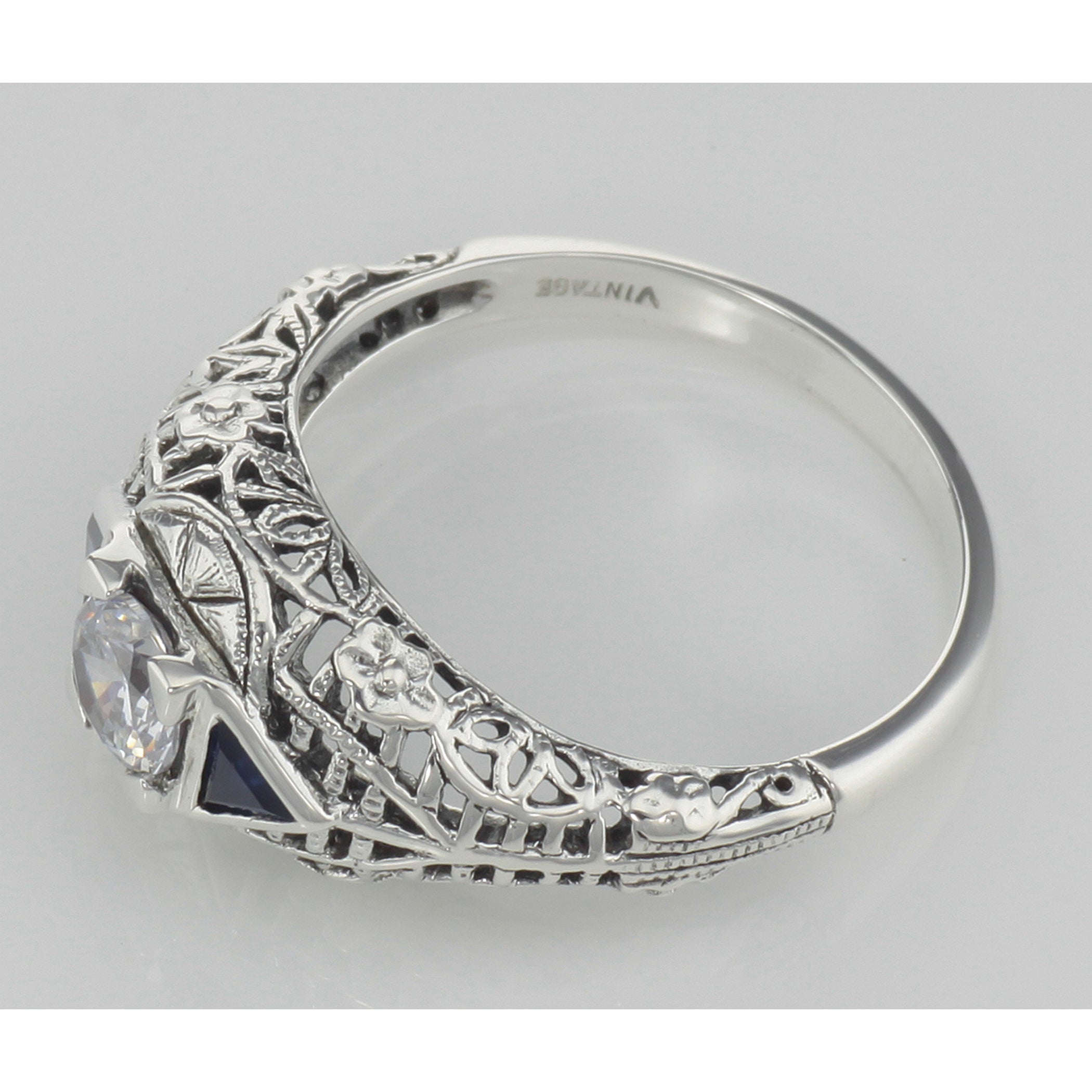 Back view of Art Deco Style Cubic Zirconia Filigree Ring w/ Sapphire showing 925 sterling silver hallmark