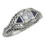 Art Deco style, Sapphire, Cubic Zirconia, sterling silver rings, front view