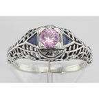 Detail view of Art Deco Style Pink CZ Filigree Ring with Sapphire Accents Sterling Silver highlighting Sapphire, CZ