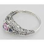 Back view of Art Deco Style Pink CZ Filigree Ring with Sapphire Accents Sterling Silver showing 925 sterling silver hallmark 