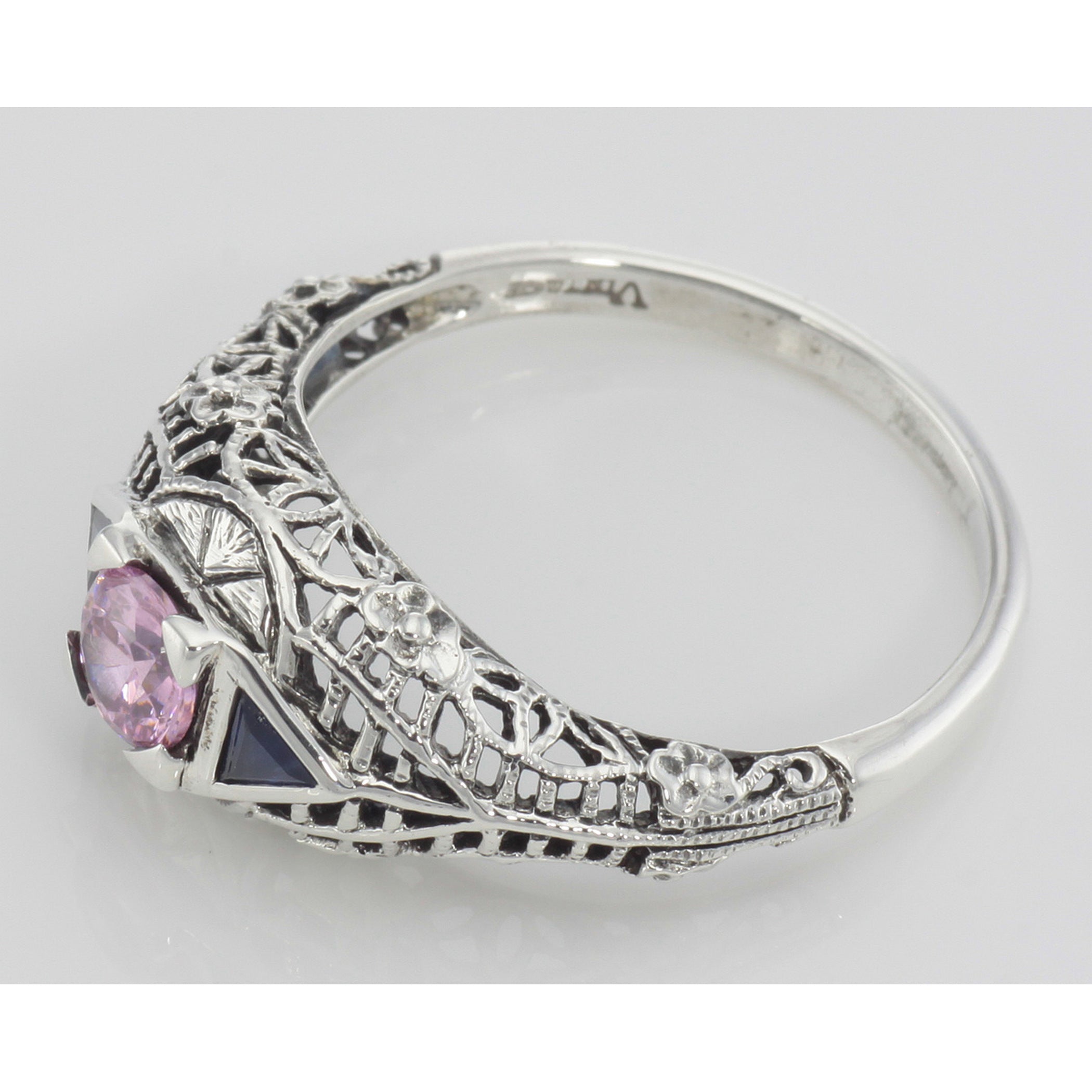 Back view of Art Deco Style Pink CZ Filigree Ring with Sapphire Accents Sterling Silver showing 925 sterling silver hallmark 