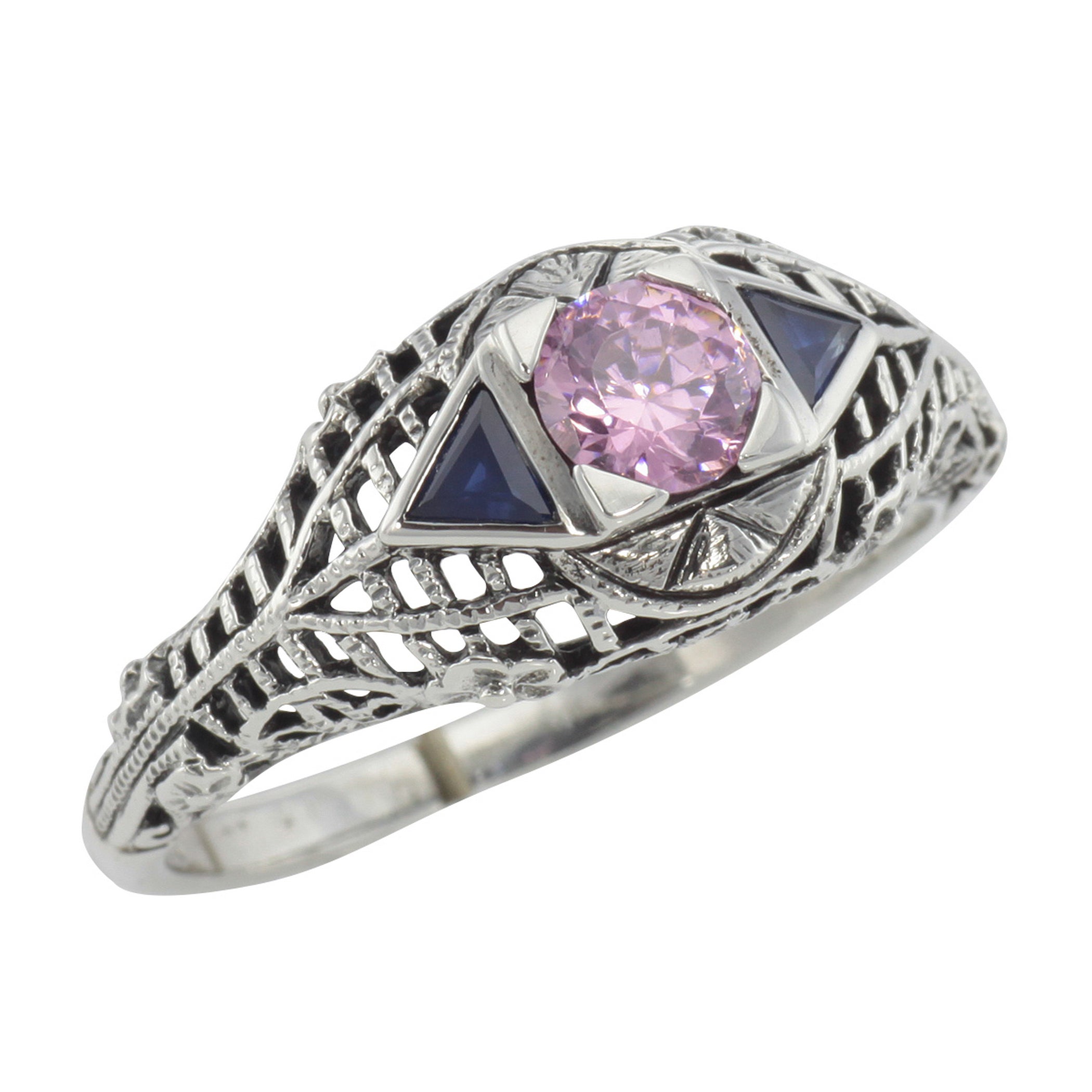 Art Deco style, Sapphire, CZ, sterling silver rings, front view