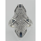 Detail view of Art Deco Style Blue Sapphire Filigree Ring w/ 3 Diamonds highlighting Sapphire, Diamond