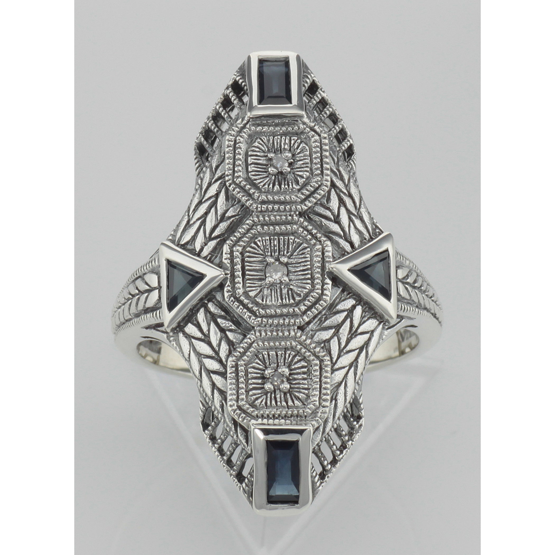 Detail view of Art Deco Style Blue Sapphire Filigree Ring w/ 3 Diamonds highlighting Sapphire, Diamond