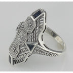 Back view of Art Deco Style Blue Sapphire Filigree Ring w/ 3 Diamonds showing 925 sterling silver hallmark