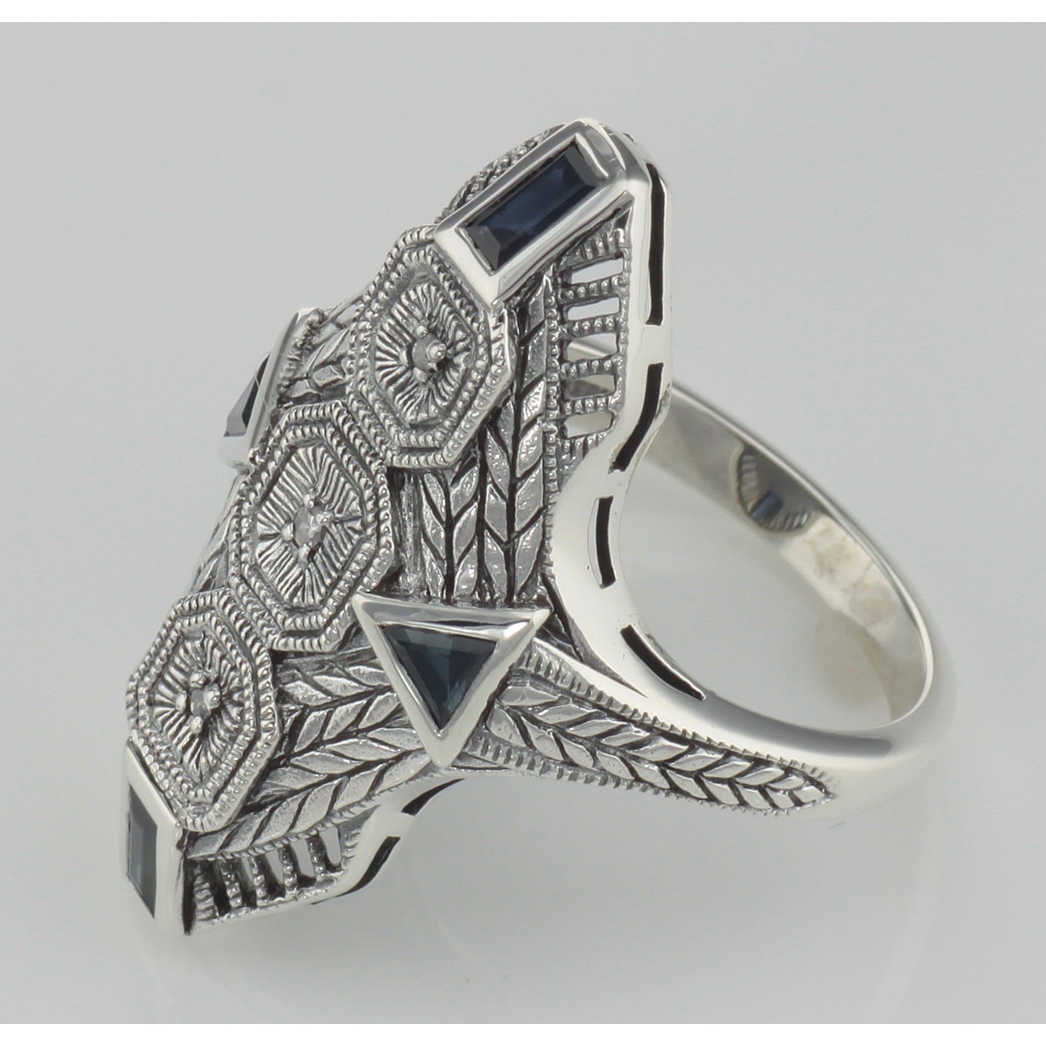 Back view of Art Deco Style Blue Sapphire Filigree Ring w/ 3 Diamonds showing 925 sterling silver hallmark