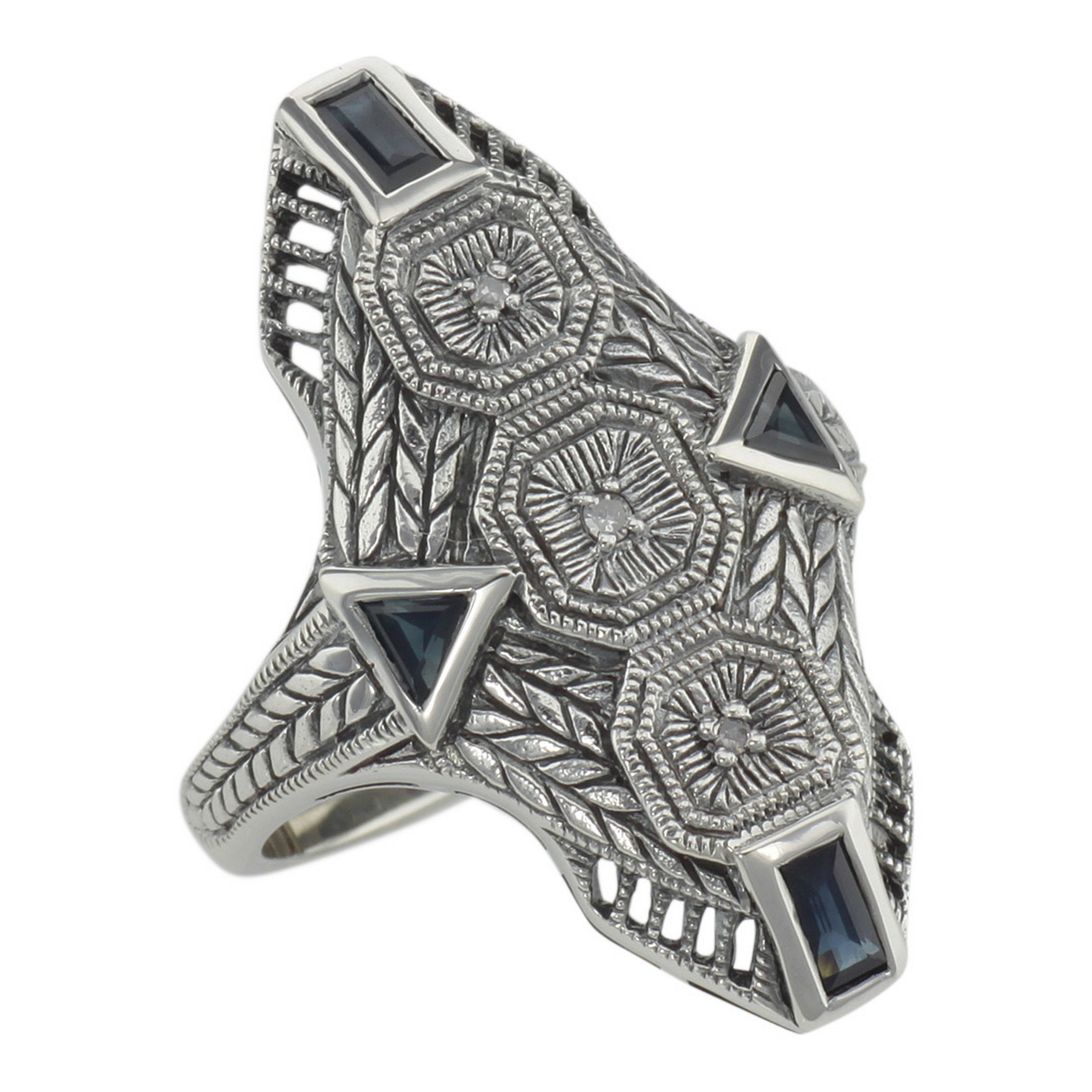 Art Deco style, Sapphire, Diamond, sterling silver rings, front view