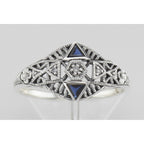 Detail view of Art Deco Ring w/ 3 Diamonds Genuine Blue Sapphire highlighting Sapphire, Diamond