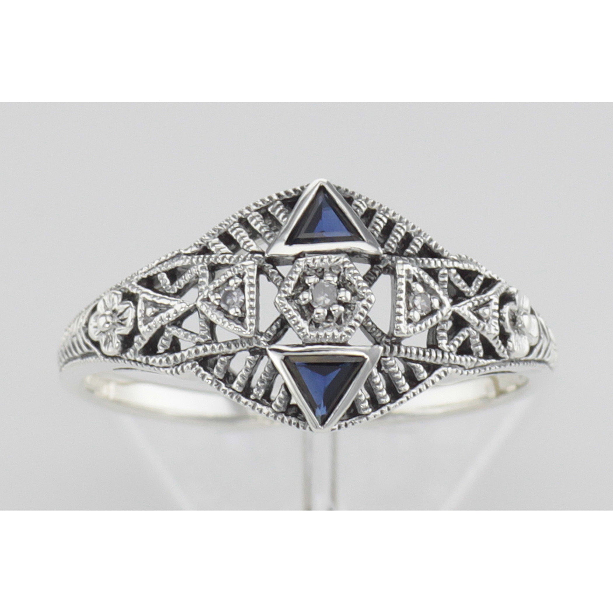 Detail view of Art Deco Ring w/ 3 Diamonds Genuine Blue Sapphire highlighting Sapphire, Diamond