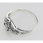 Back view of Art Deco Ring w/ 3 Diamonds Genuine Blue Sapphire showing 925 sterling silver hallmark