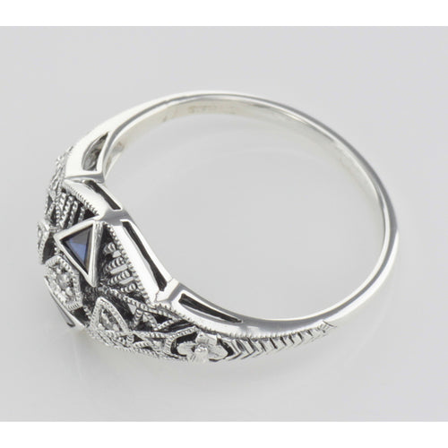 Back view of Art Deco Ring w/ 3 Diamonds Genuine Blue Sapphire showing 925 sterling silver hallmark