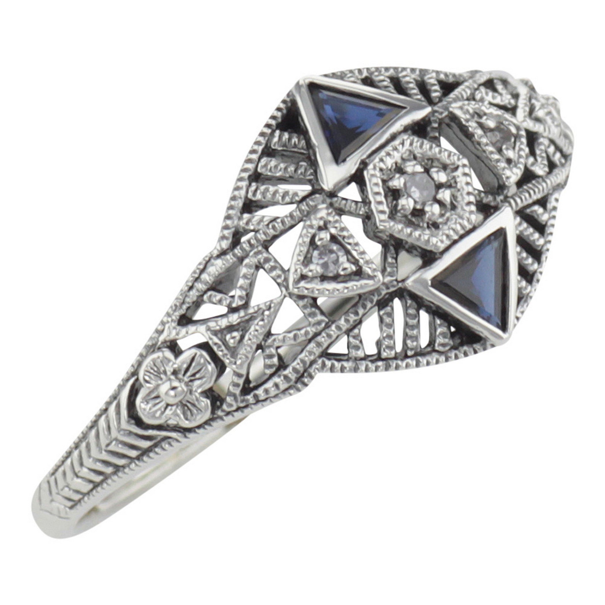 Art Deco style, Sapphire, Diamond, sterling silver rings, front view