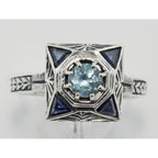 Detail view of Art Deco Style Blue Topaz Filigree Ring w/ Sapphire highlighting Blue Topaz, Sapphire