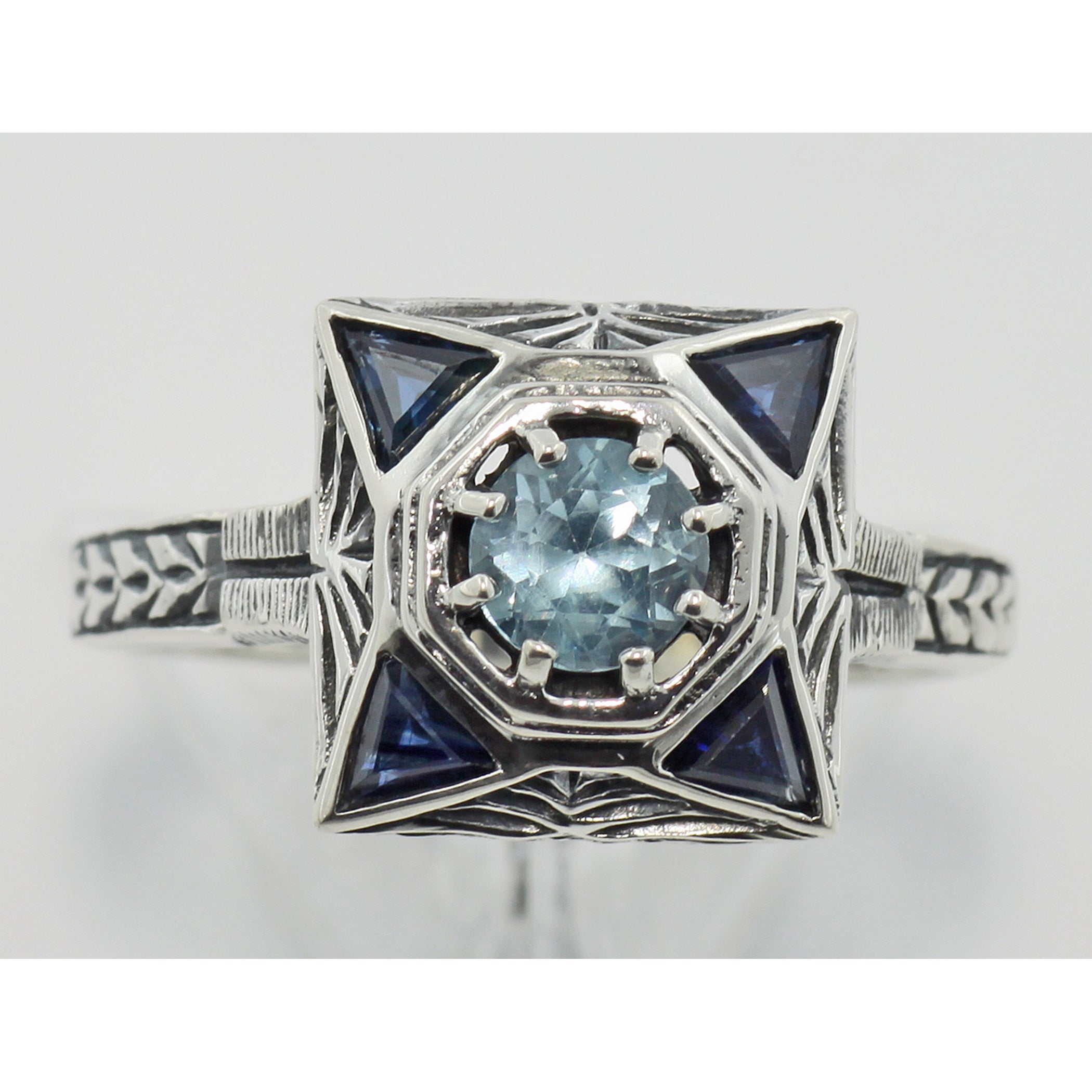 Detail view of Art Deco Style Blue Topaz Filigree Ring w/ Sapphire highlighting Blue Topaz, Sapphire
