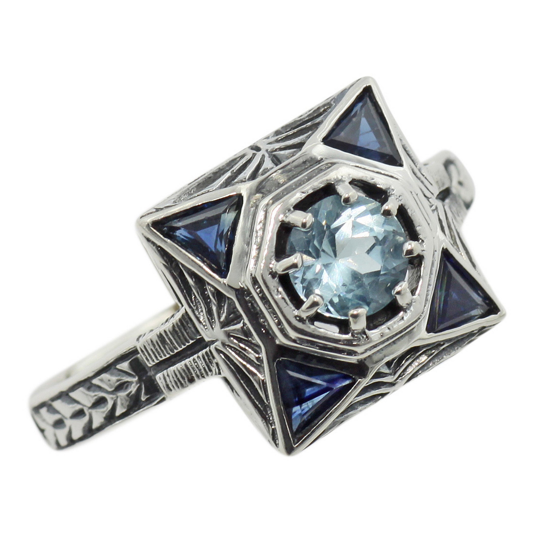 Art Deco style, Blue Topaz, Sapphire, sterling silver rings, front view