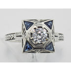 Detail view of Art Deco Style White Topaz Filigree Ring w/ Blue Sapphires Sterling Silver highlighting White Topaz, Sapphire