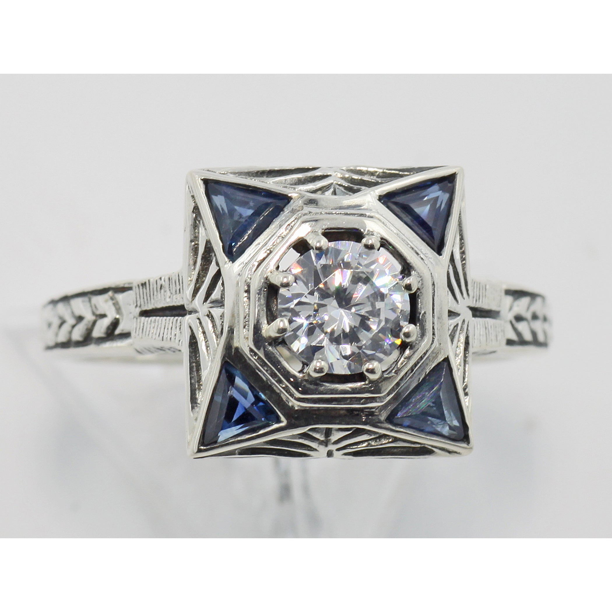 Detail view of Art Deco Style White Topaz Filigree Ring w/ Blue Sapphires Sterling Silver highlighting White Topaz, Sapphire