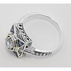 Back view of Art Deco Style White Topaz Filigree Ring w/ Blue Sapphires Sterling Silver showing 925 sterling silver hallmark