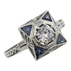 Art Deco style, White Topaz, Sapphire, sterling silver rings, front view