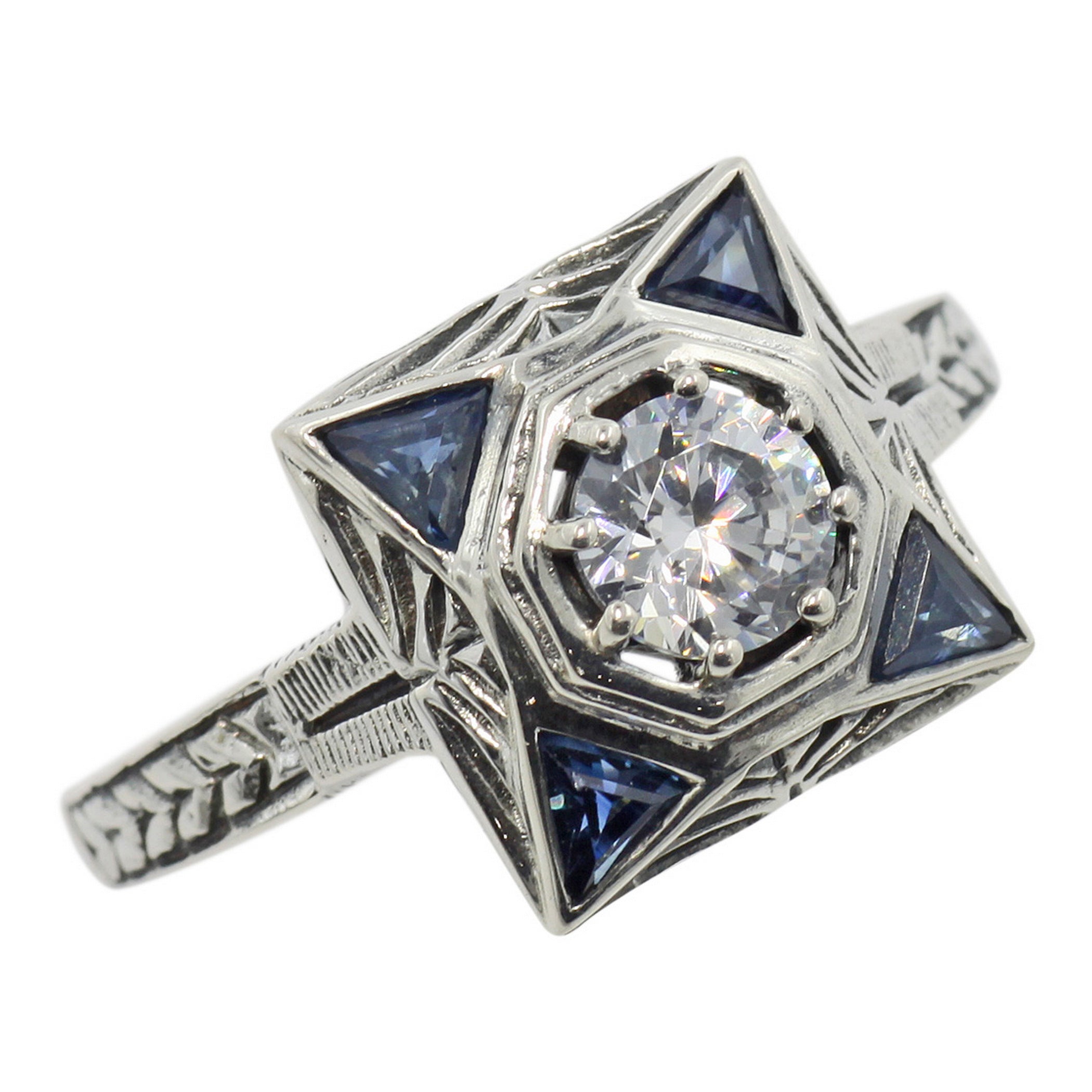 Art Deco style, White Topaz, Sapphire, sterling silver rings, front view
