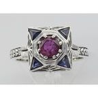 Detail view of Art Deco Ruby Filigree Ring w/ Sapphire highlighting Ruby, Sapphire