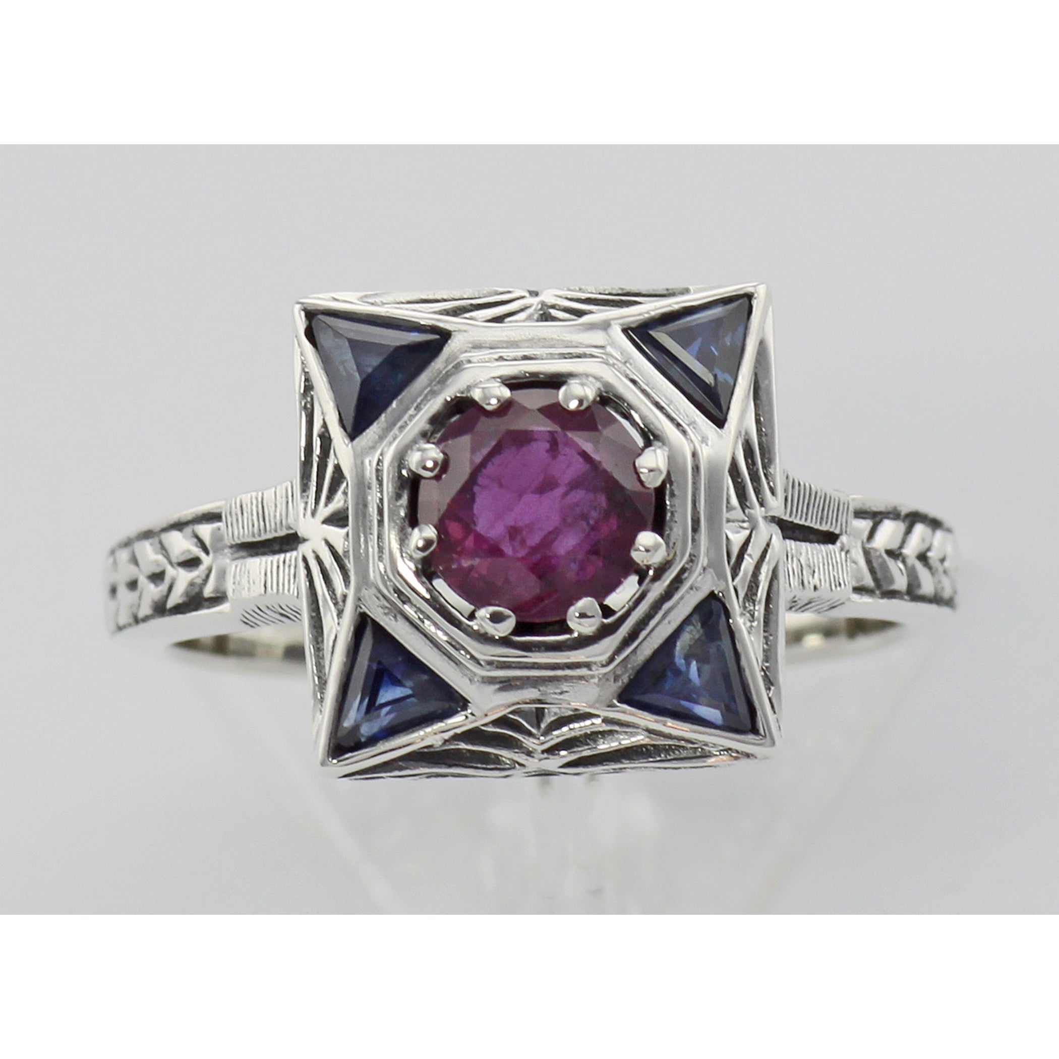 Detail view of Art Deco Ruby Filigree Ring w/ Sapphire highlighting Ruby, Sapphire