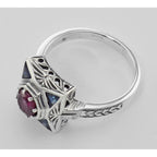 Back view of Art Deco Ruby Filigree Ring w/ Sapphire showing 925 sterling silver hallmark