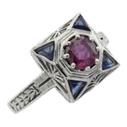 Art Deco style, Ruby, Sapphire, sterling silver rings, front view