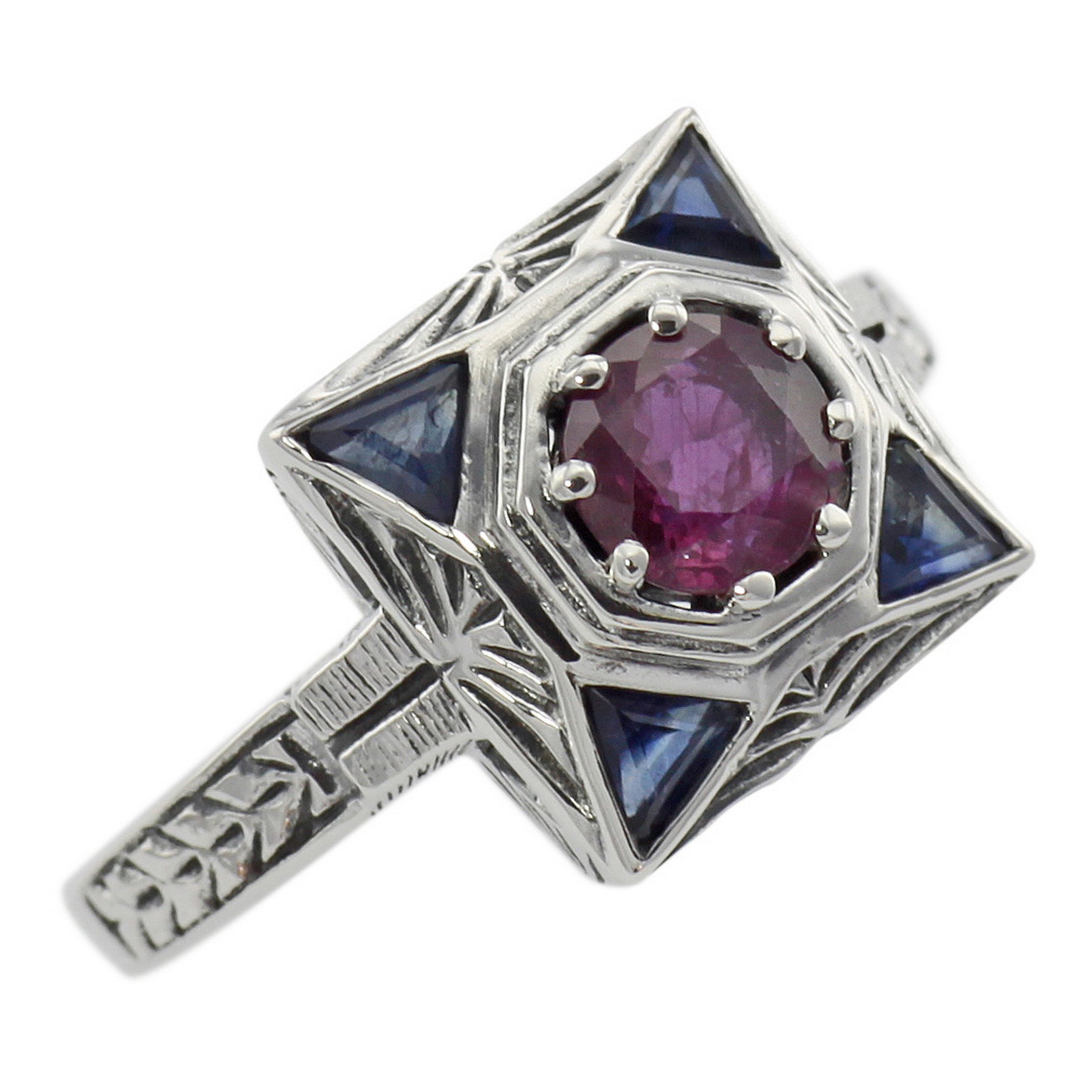 Art Deco style, Ruby, Sapphire, sterling silver rings, front view