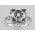 Detail view of Art Deco Semi Mount 5mm Filigree Ring w/ Blue Sapphires highlighting Sapphire