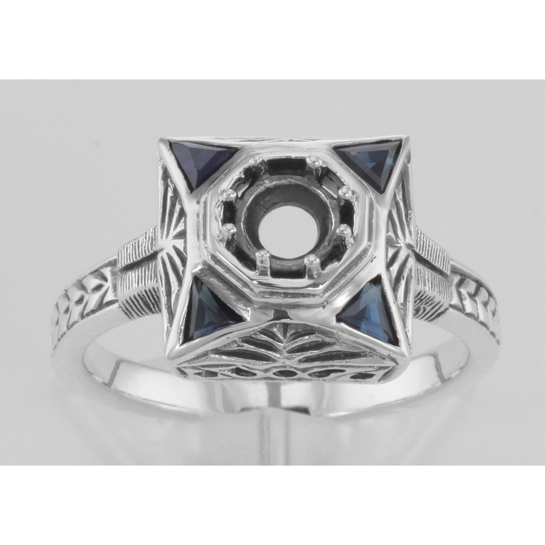 Detail view of Art Deco Semi Mount 5mm Filigree Ring w/ Blue Sapphires highlighting Sapphire