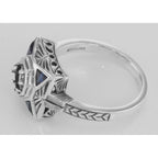 Back view of Art Deco Semi Mount 5mm Filigree Ring w/ Blue Sapphires showing 925 sterling silver hallmark