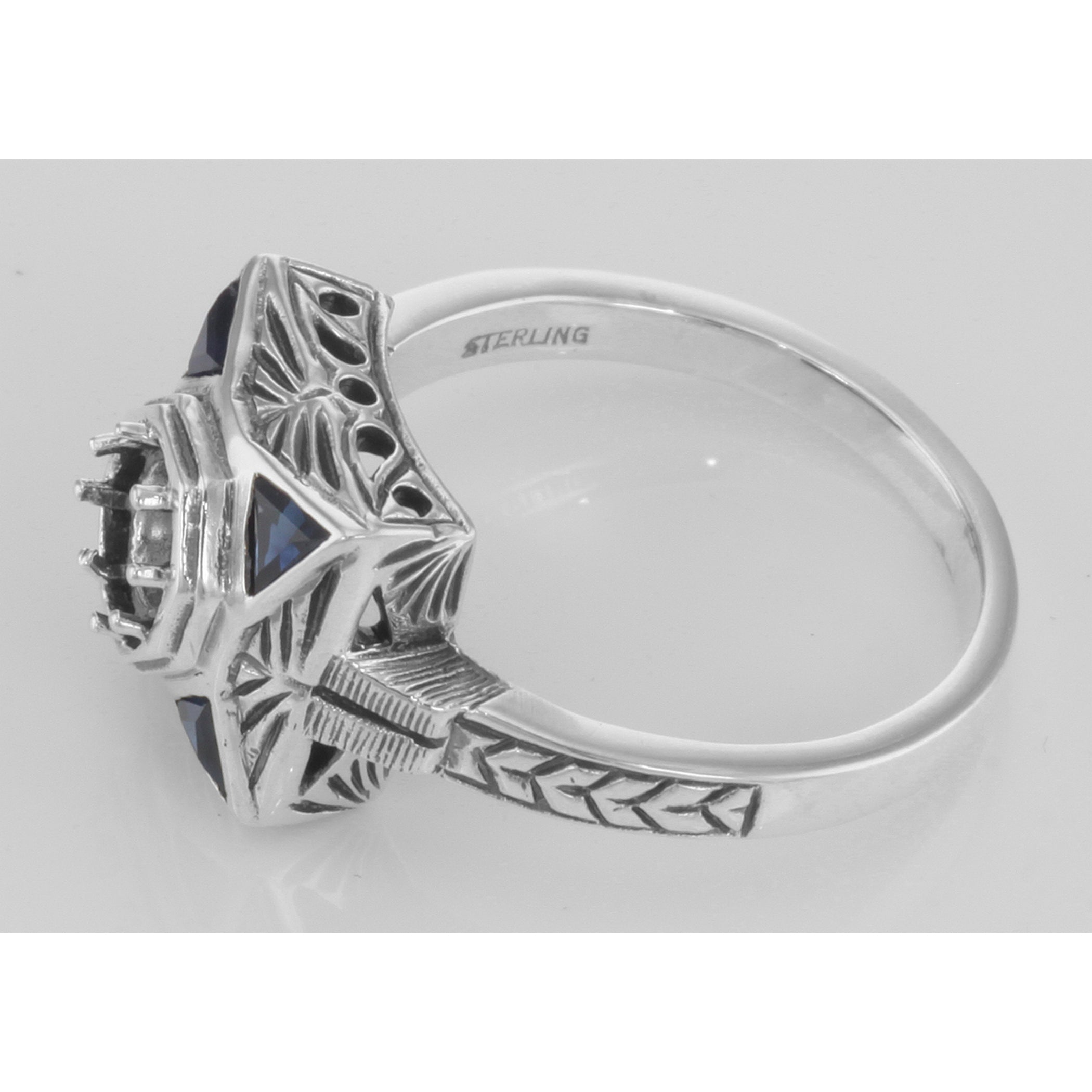 Back view of Art Deco Semi Mount 5mm Filigree Ring w/ Blue Sapphires showing 925 sterling silver hallmark