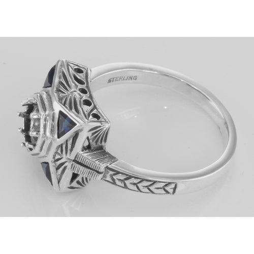 Back view of Art Deco Semi Mount 5mm Filigree Ring w/ Blue Sapphires showing 925 sterling silver hallmark