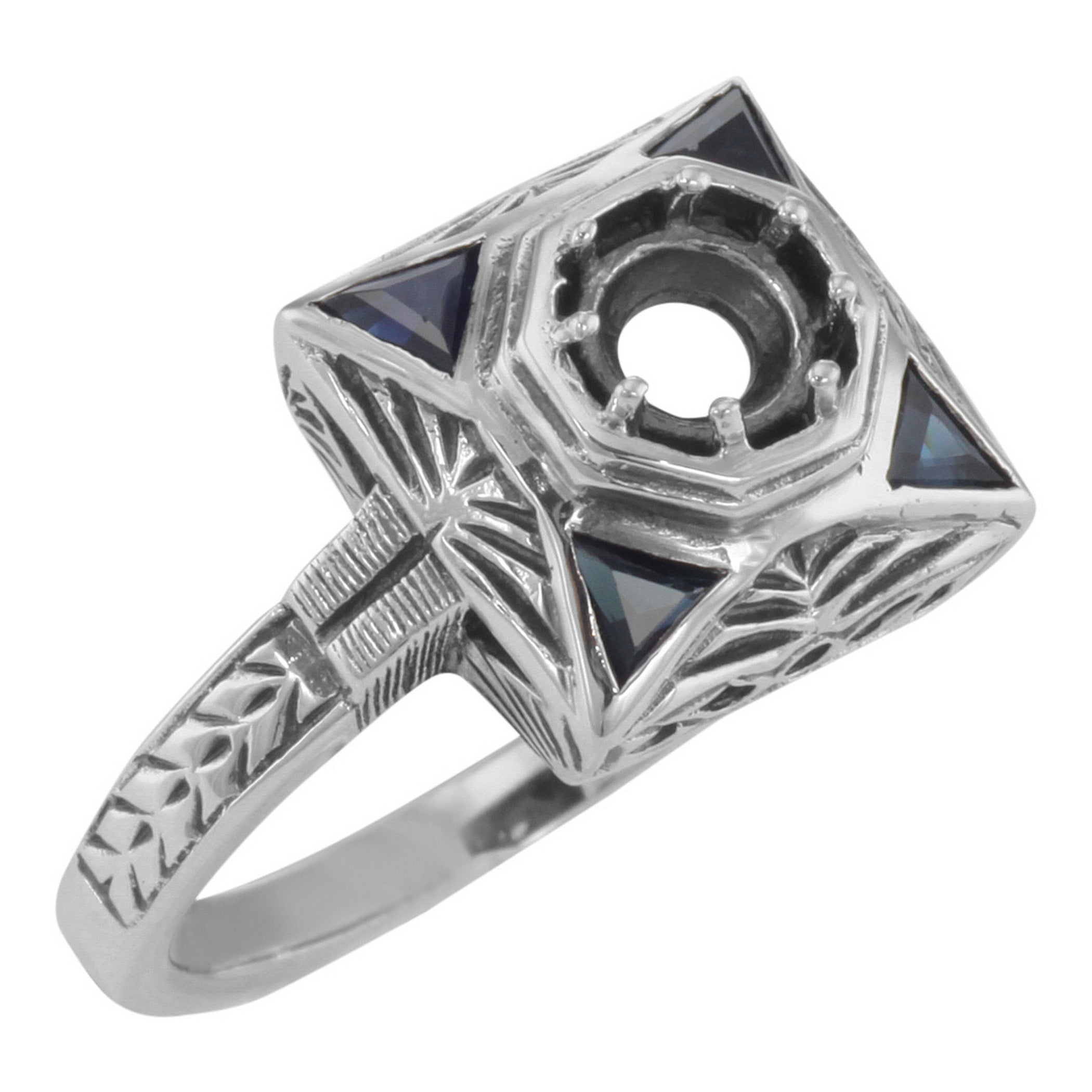 Art Deco style, Sapphire, sterling silver semi mount rings, front view