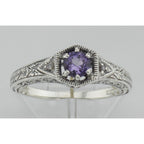Detail view of Victorian Style Amethyst Filigree Ring w/ 2 Diamonds highlighting Amethyst, Diamond