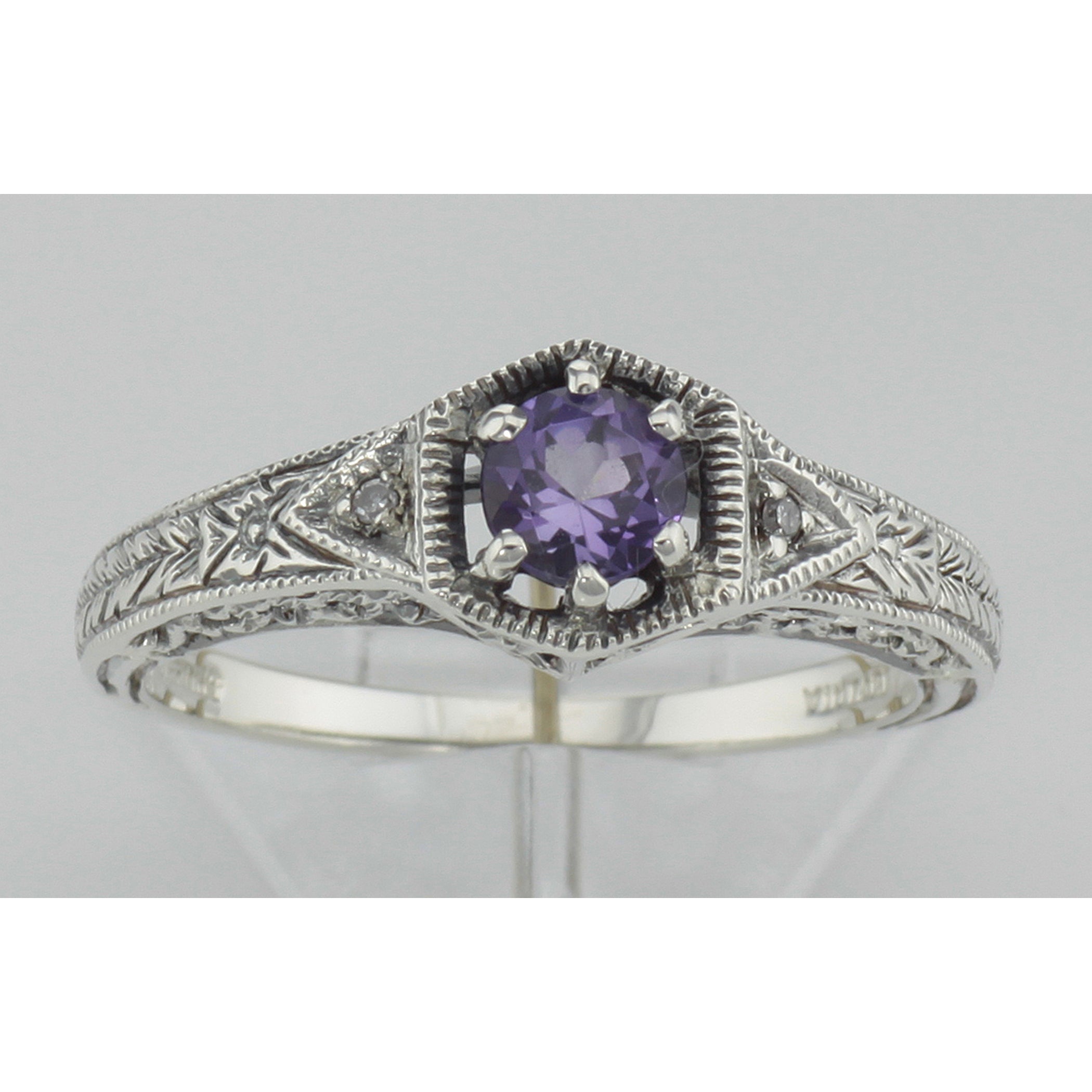 Detail view of Victorian Style Amethyst Filigree Ring w/ 2 Diamonds highlighting Amethyst, Diamond