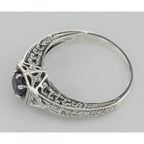 Back view of Victorian Style Amethyst Filigree Ring w/ 2 Diamonds showing 925 sterling silver hallmark