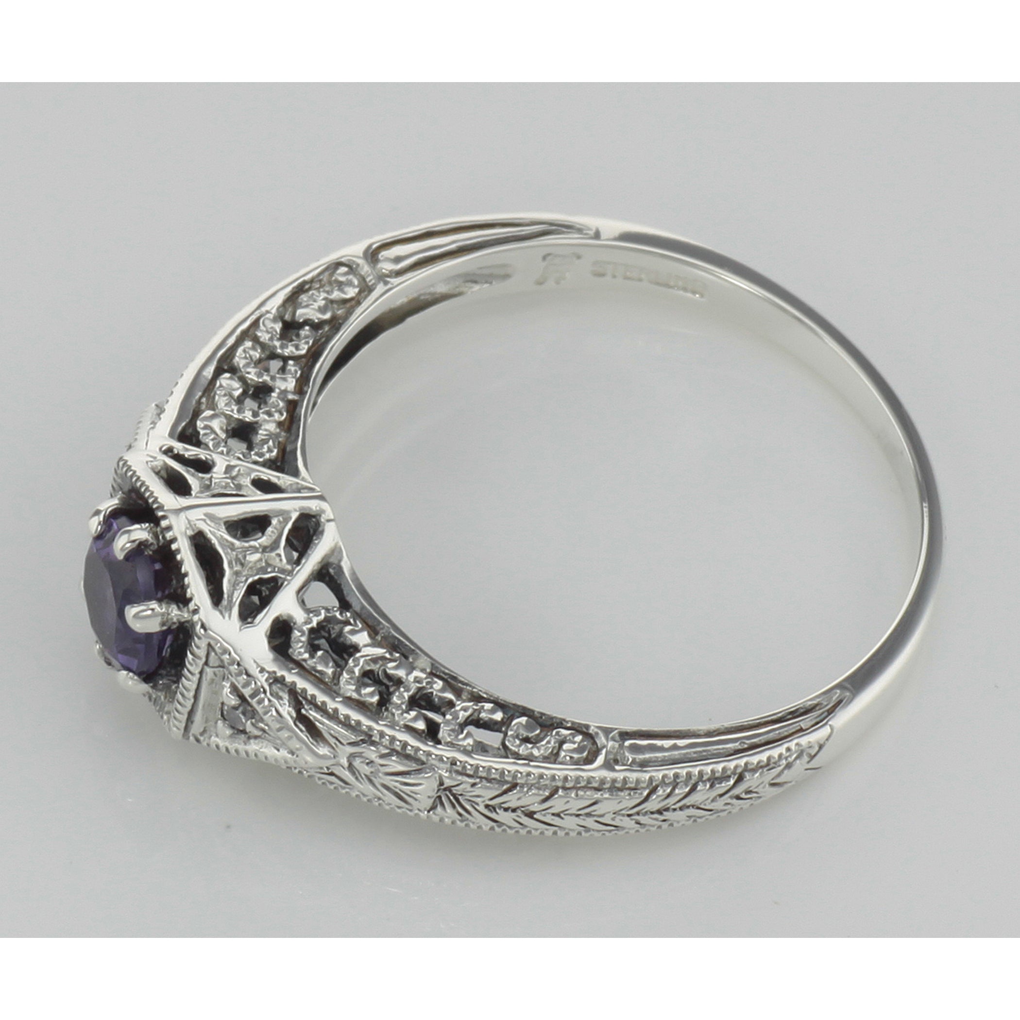 Back view of Victorian Style Amethyst Filigree Ring w/ 2 Diamonds showing 925 sterling silver hallmark