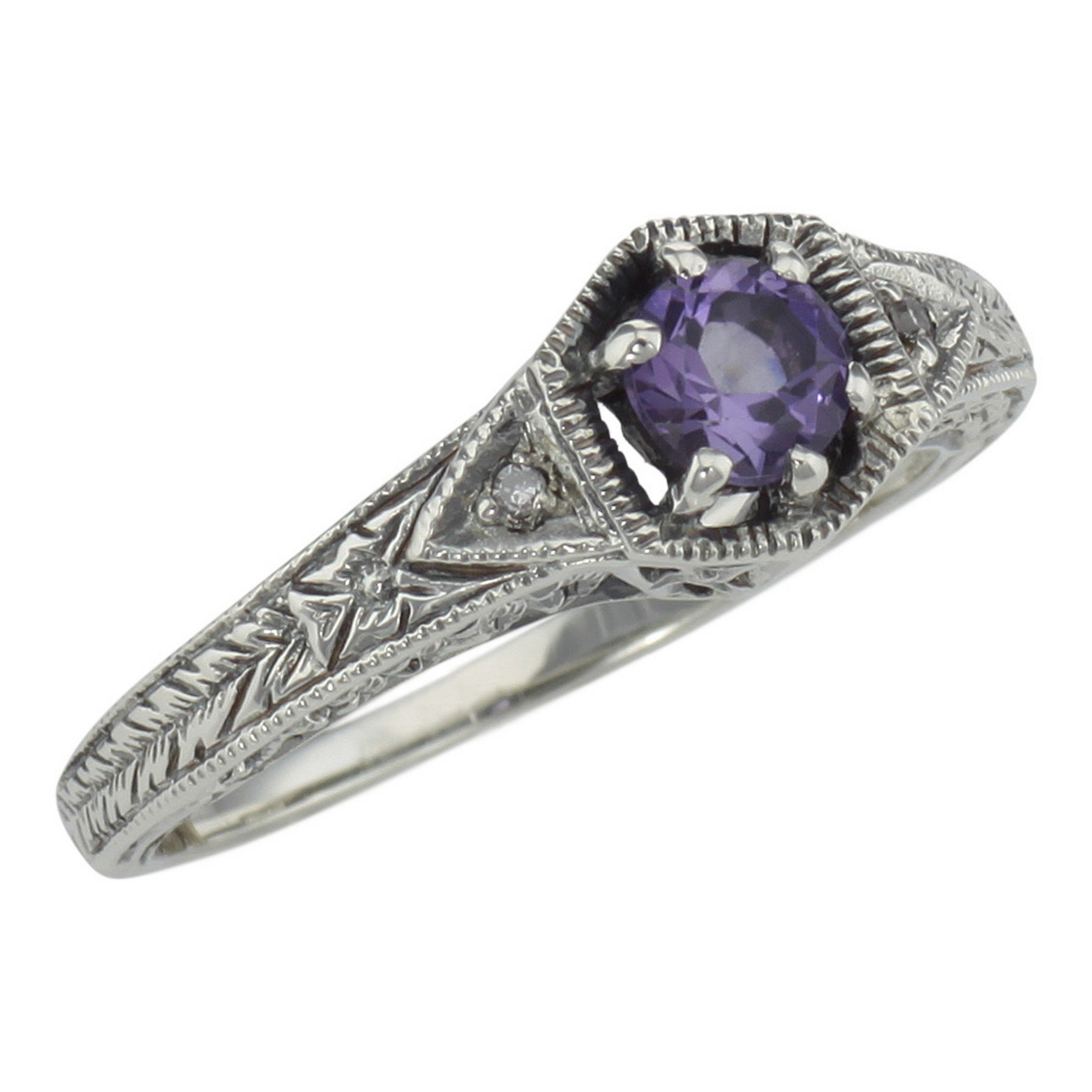Victorian style, Amethyst, Diamond, sterling silver rings, front view