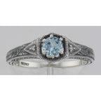 Detail view of Victorian Style Blue Topaz Filigree Ring w/ 2 Diamonds highlighting Blue Topaz, Diamond