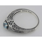 Back view of Victorian Style Blue Topaz Filigree Ring w/ 2 Diamonds showing 925 sterling silver hallmark