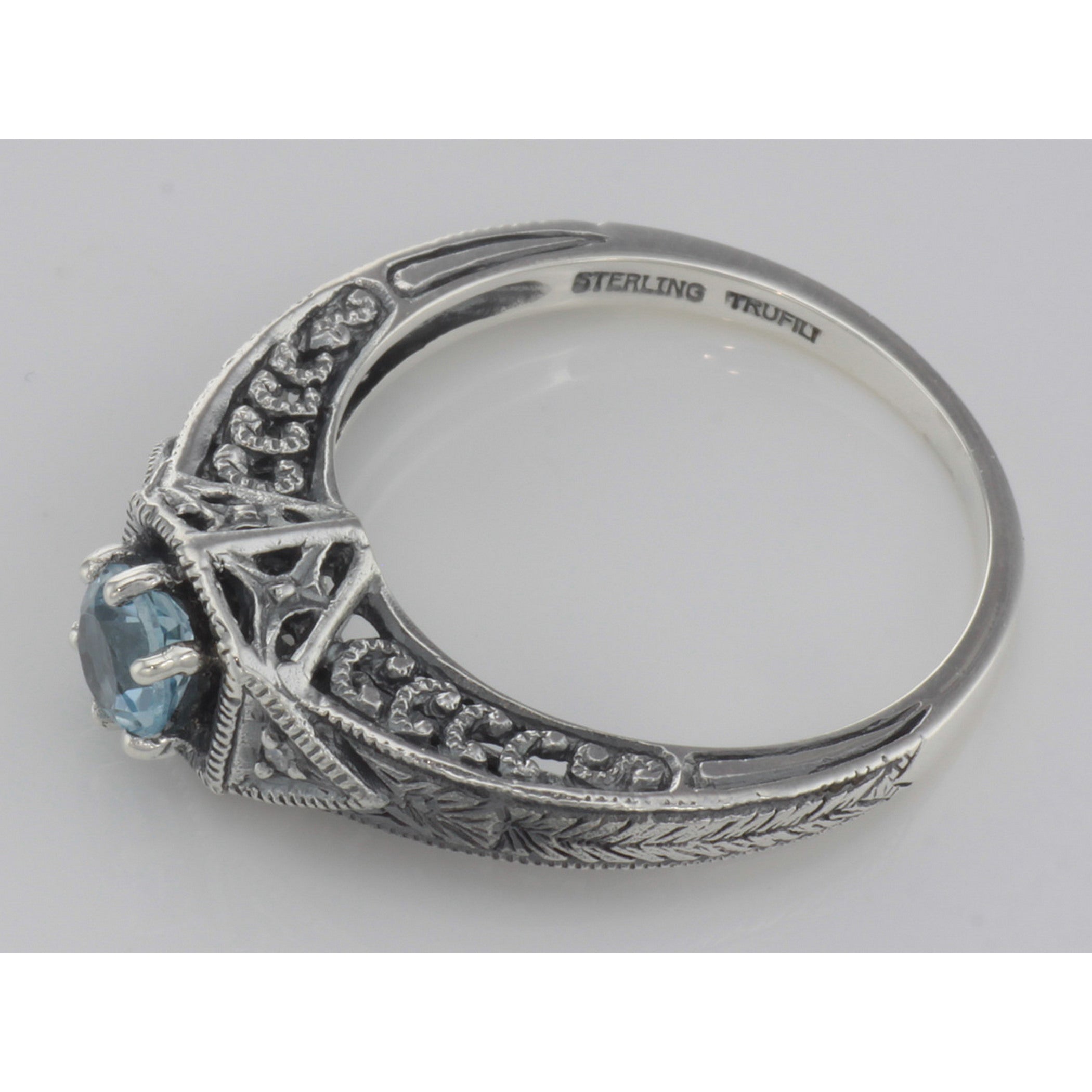 Back view of Victorian Style Blue Topaz Filigree Ring w/ 2 Diamonds showing 925 sterling silver hallmark