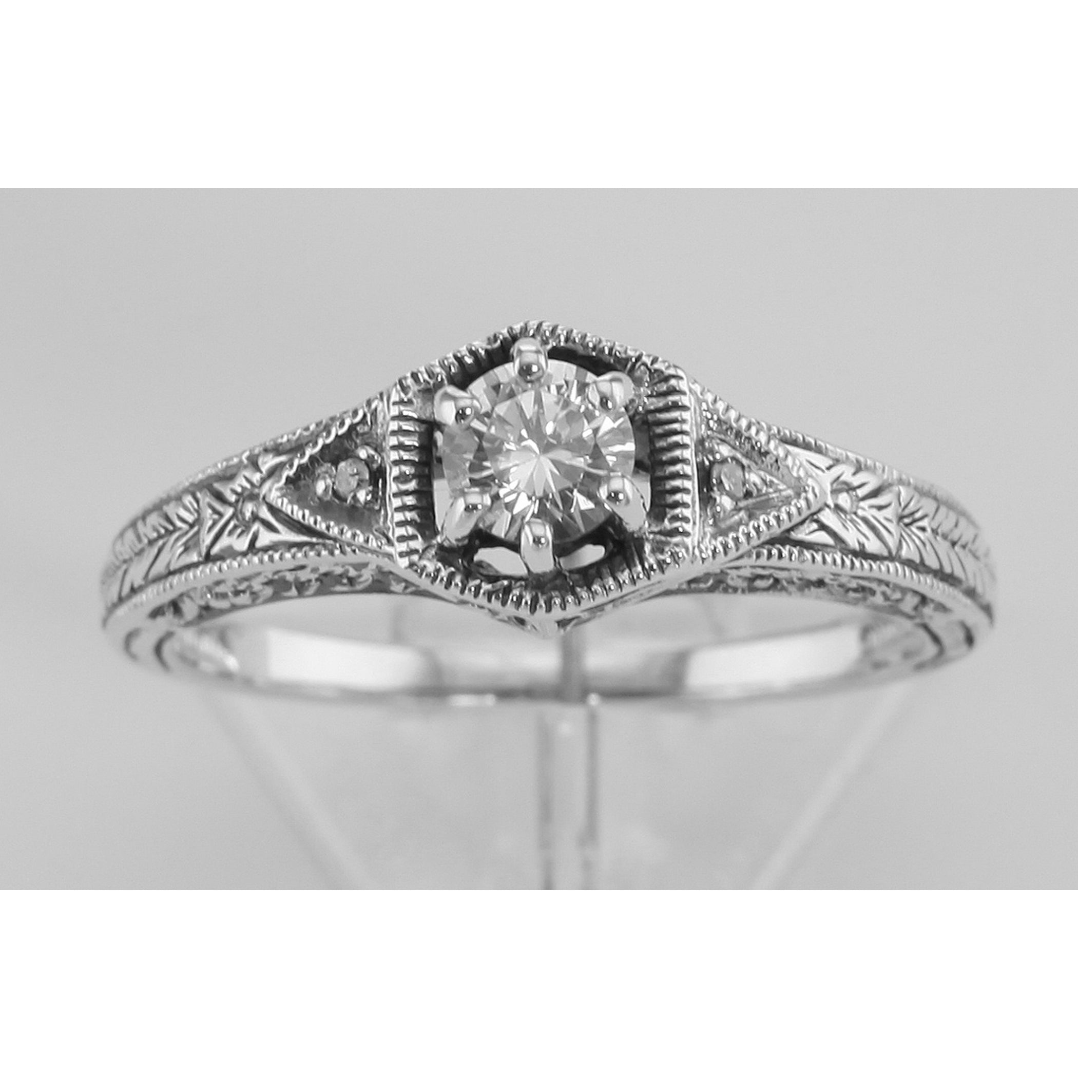 Detail view of Victorian Style Cubic Zirconia Filigree Ring w/ 2 Diamonds Sterling Silver highlighting Diamond, Cubic Zirconi