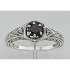 Detail view of Antique Style Red Garnet Filigree Ring w/ 2 Diamonds highlighting Garnet, Diamond