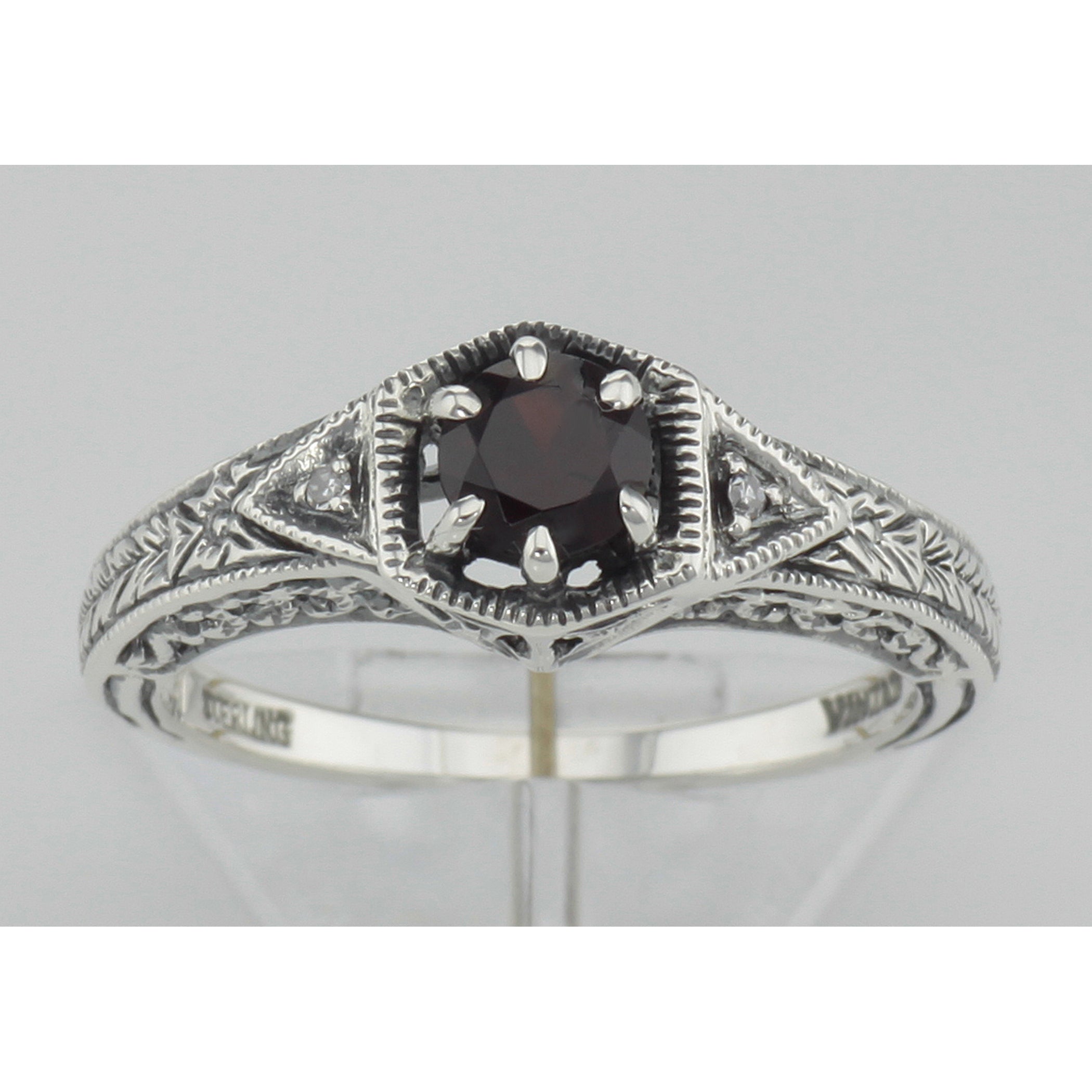 Detail view of Antique Style Red Garnet Filigree Ring w/ 2 Diamonds highlighting Garnet, Diamond