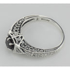 Back view of Antique Style Red Garnet Filigree Ring w/ 2 Diamonds showing 925 sterling silver hallmark