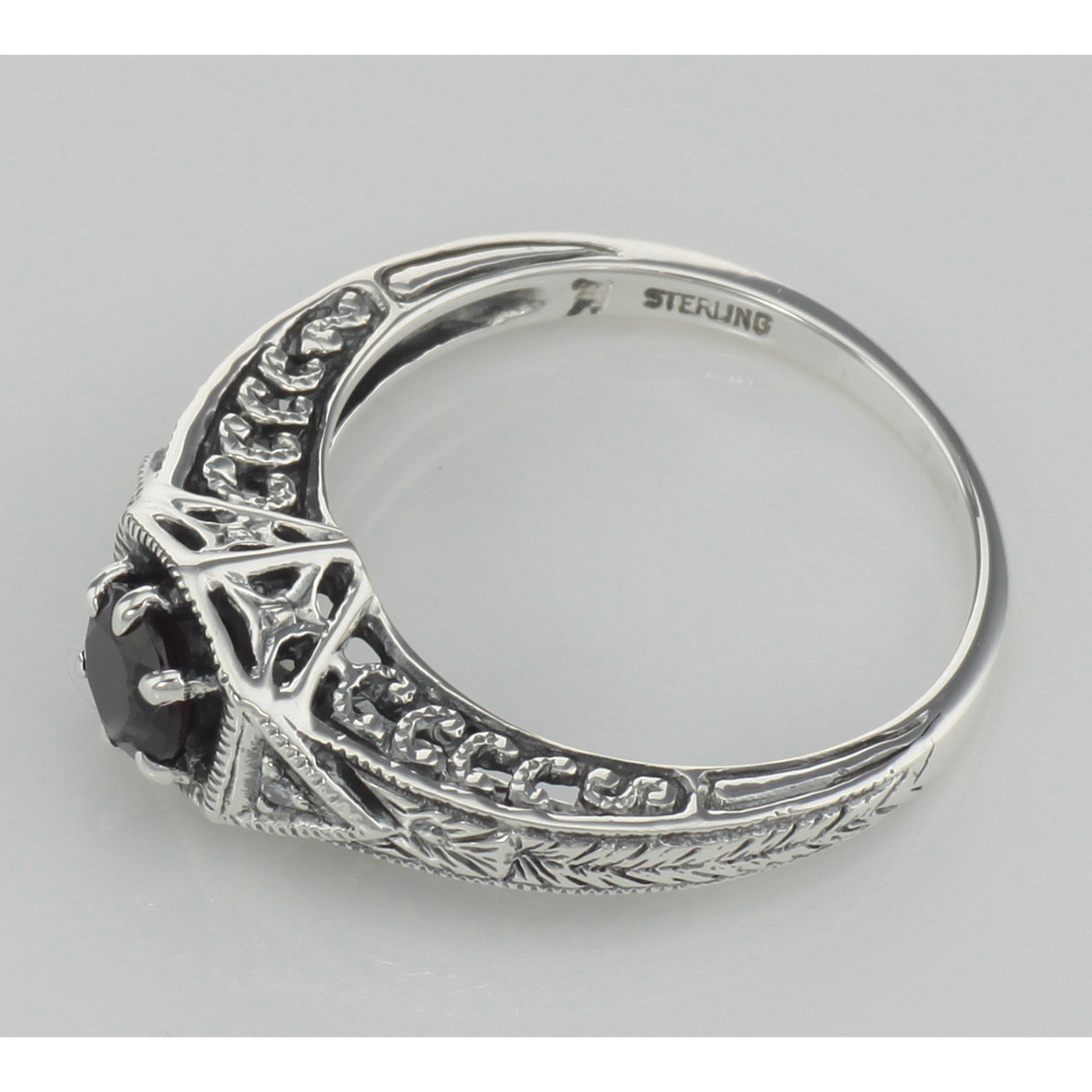 Back view of Antique Style Red Garnet Filigree Ring w/ 2 Diamonds showing 925 sterling silver hallmark