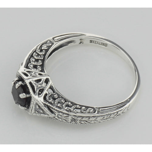 Back view of Antique Style Red Garnet Filigree Ring w/ 2 Diamonds showing 925 sterling silver hallmark